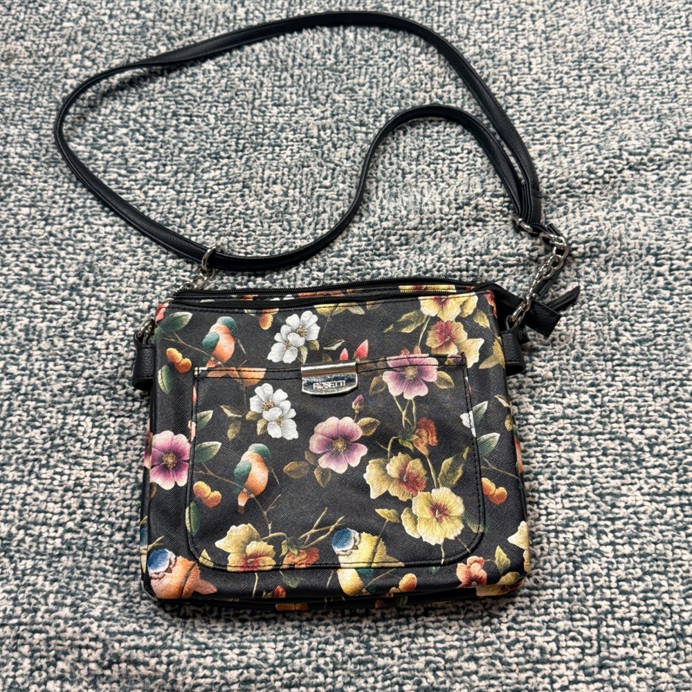Rosetti Floral Bird Print Black Crossbody Bag Faux Leather Zip Purse